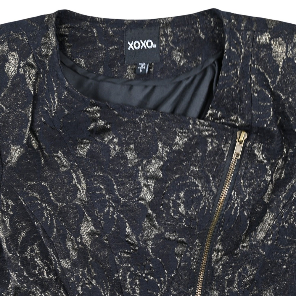 XOXO Metallic Gold Lace Peplum Jacket S Black Floral Brocade Asymmetric Moto